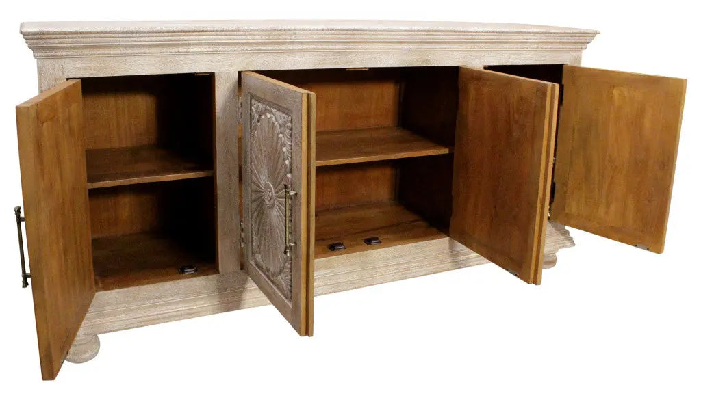 73" Antiqued White Distressed Solid Wood Carved Floral Sideboard with Four Doors Homeroots Kitchen & Dining