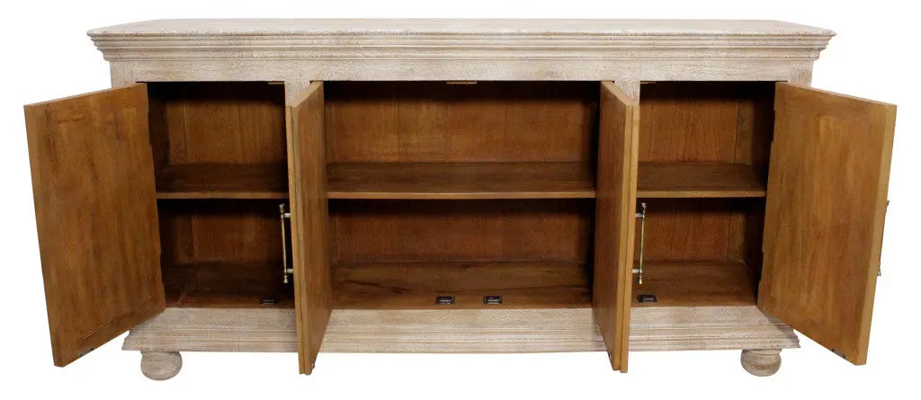 73" Antiqued White Distressed Solid Wood Carved Floral Sideboard with Four Doors Homeroots Kitchen & Dining