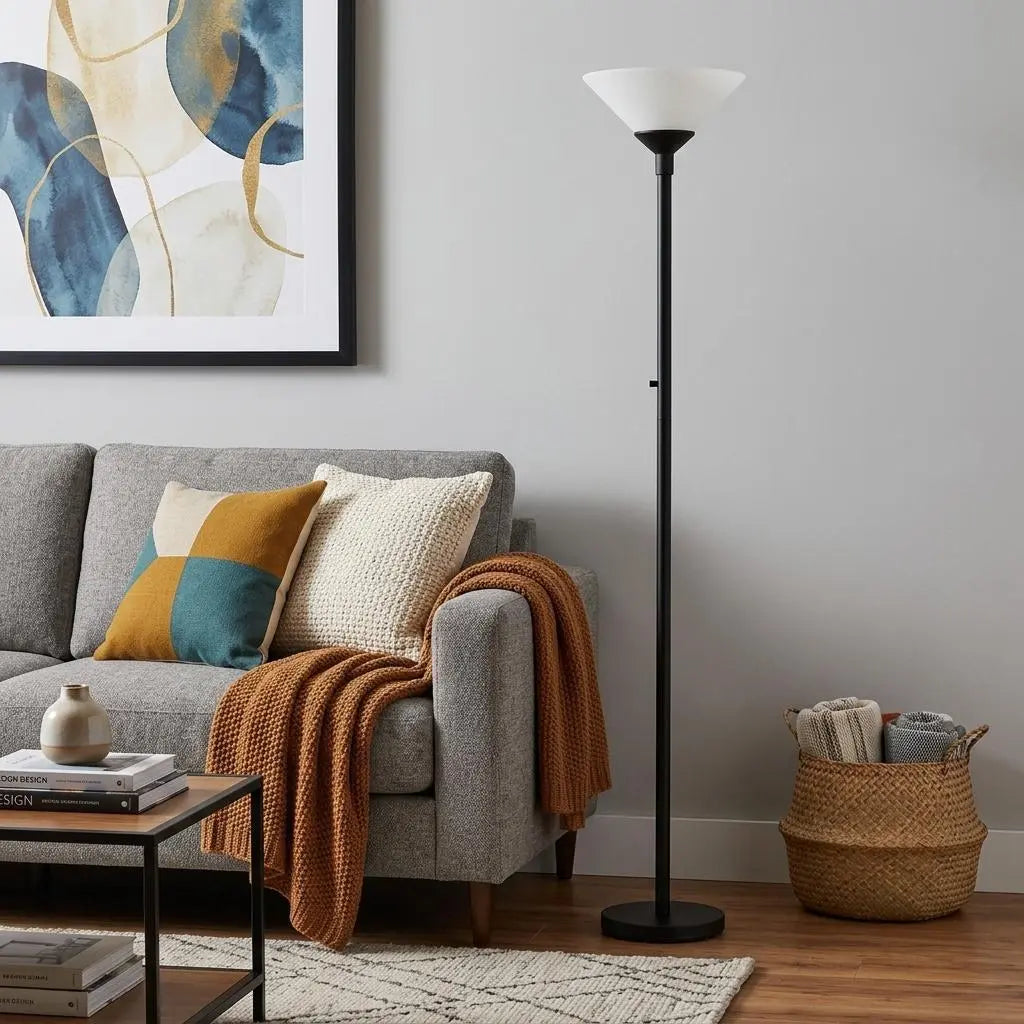 73" Black And White Torchiere Floor Lamp With White Acrylic Cone Shade Homeroots Lighting