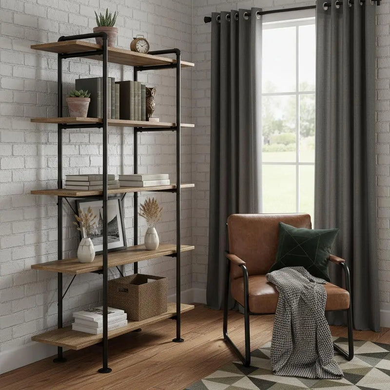73" Brown And Black Metal Five Tier Etagere Bookcase Homeroots Office