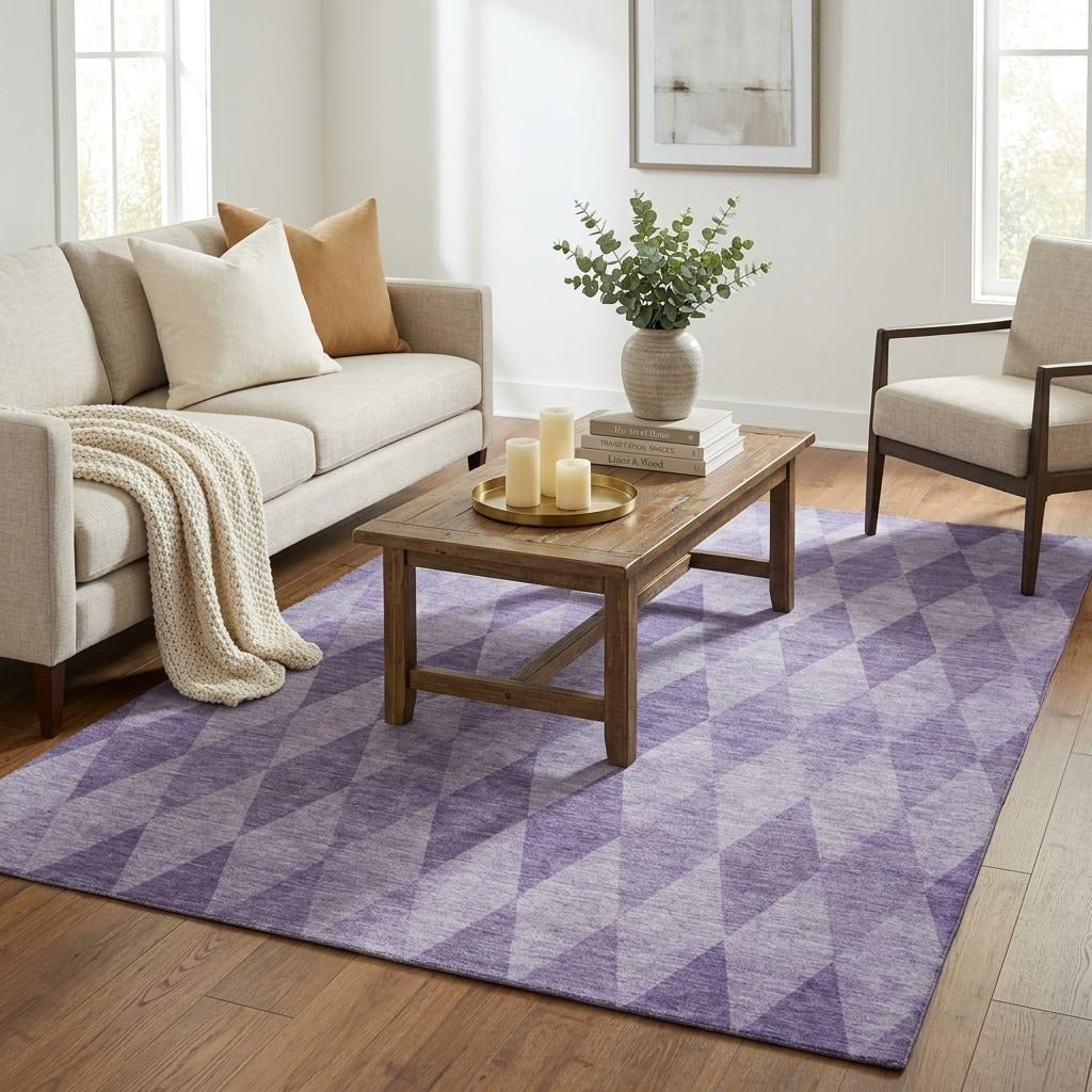 5' X 8' Purple And Lavender Geometric Shag Washable Area Rug With UV Protection - Home & Garden