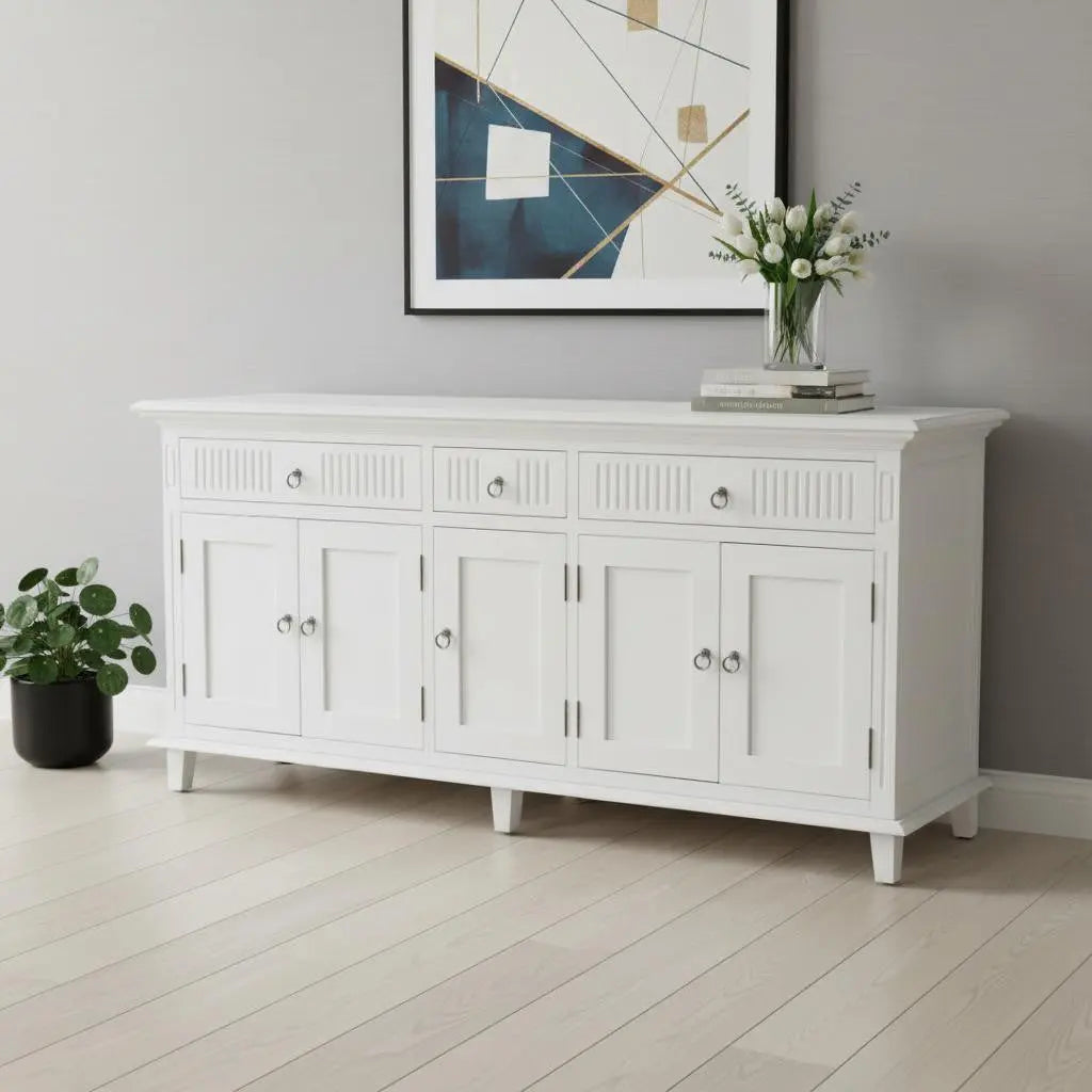 74" Antiqued White Solid Wood Three Drawer Buffet Table with Five Doors Homeroots Kitchen & Dining