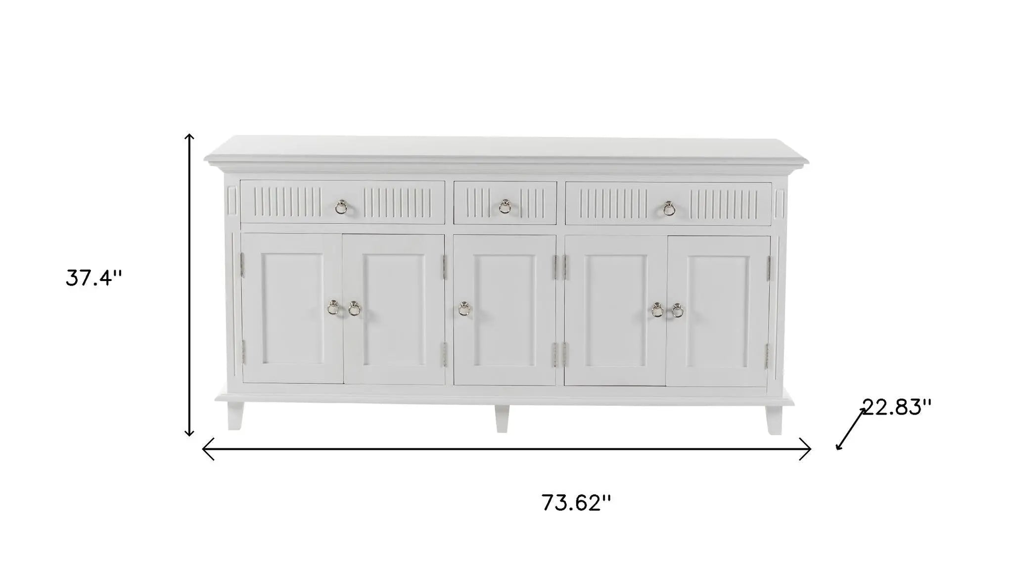 74" Antiqued White Solid Wood Three Drawer Buffet Table with Five Doors Homeroots Kitchen & Dining