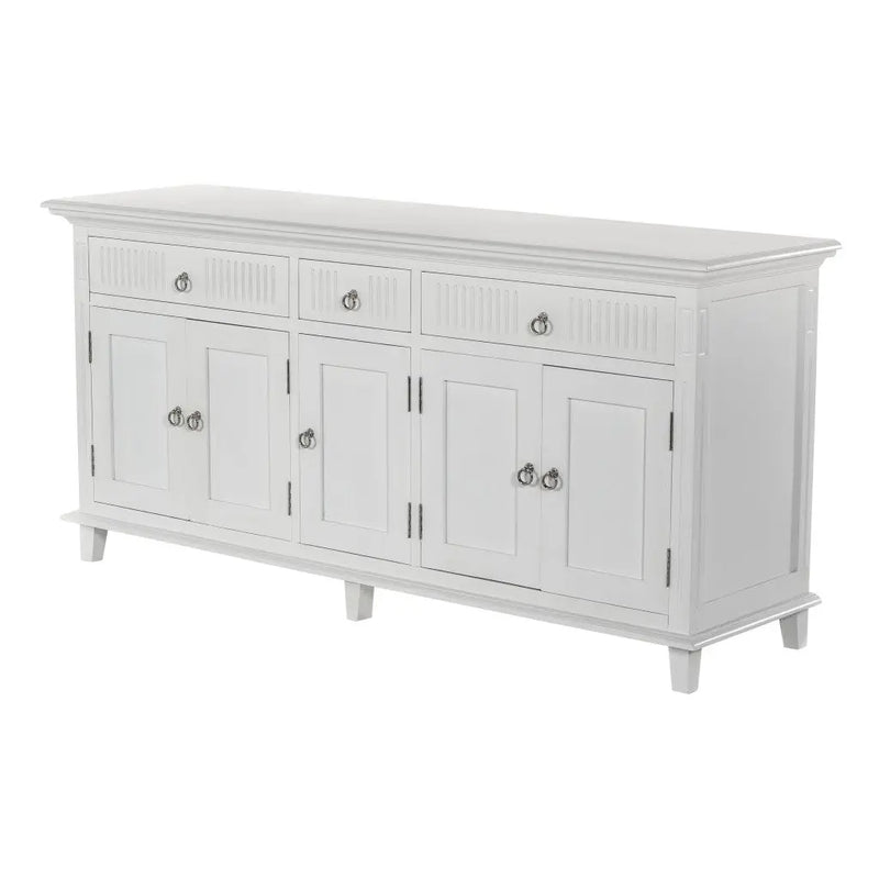74" Antiqued White Solid Wood Three Drawer Buffet Table with Five Doors Homeroots Kitchen & Dining