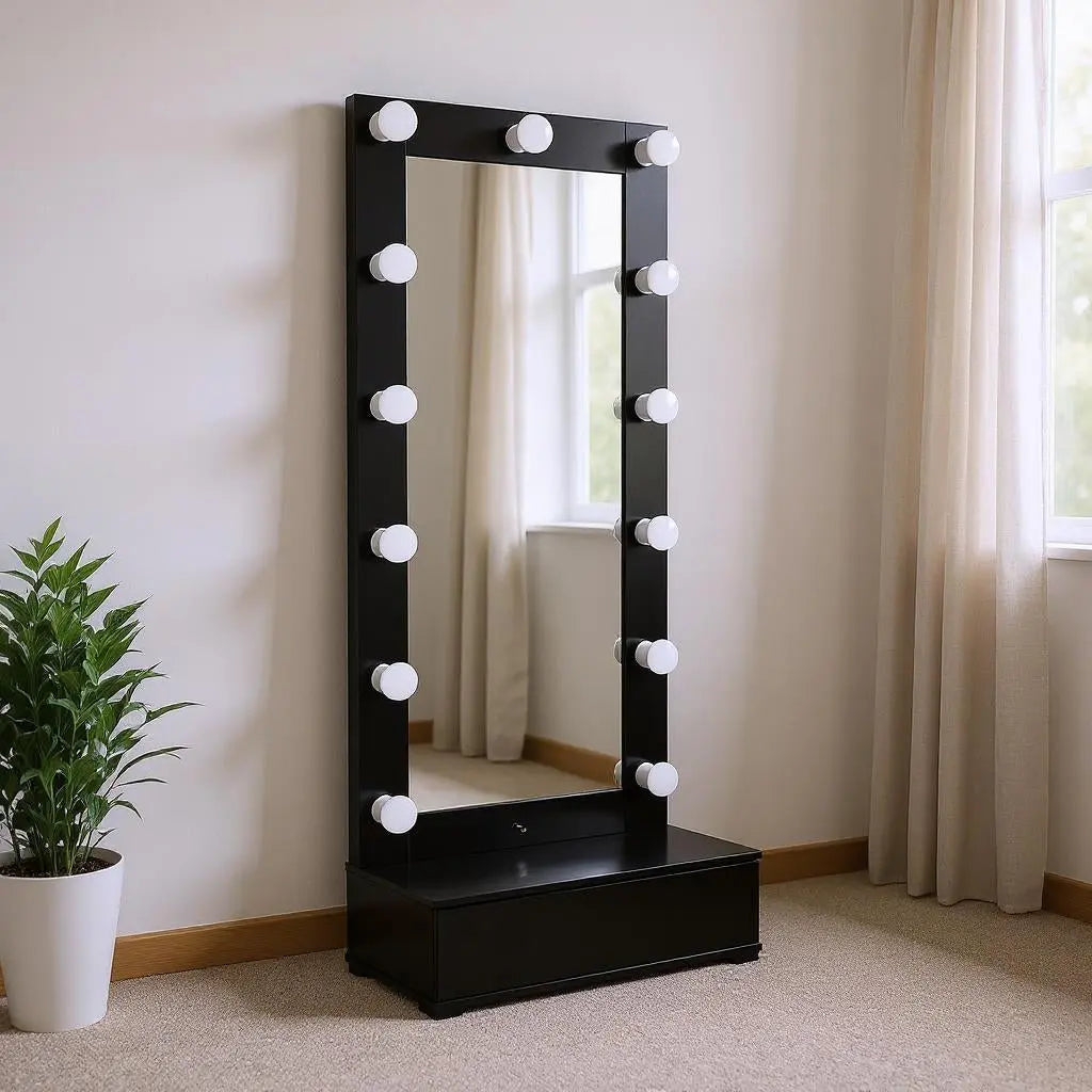 74" Black Wood Lighted Freestanding Framed Full Length Mirror Homeroots Bed & Bath