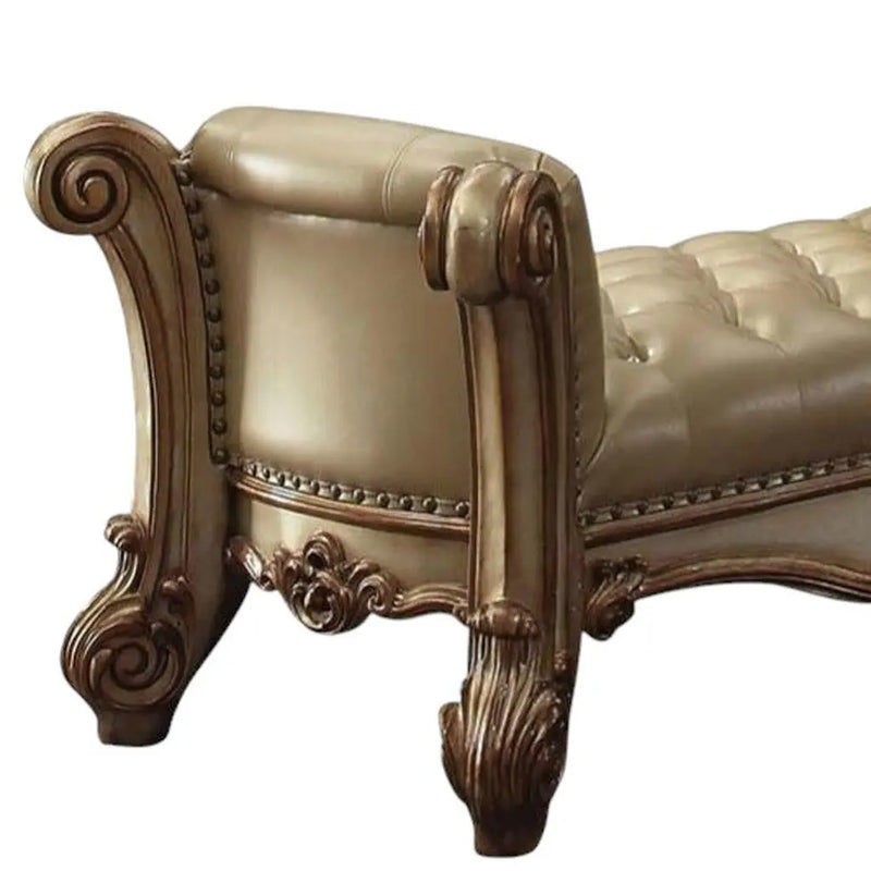 74" Bone and Gold Tufted Faux Leather Upholstered Bench Homeroots Living Room