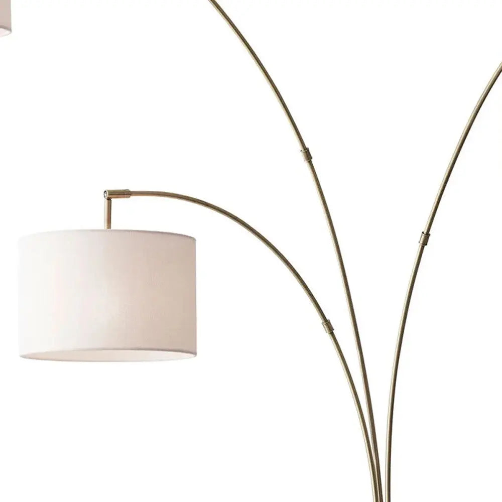 74" Brass Three Light Arc Floor Lamp With Off White Fabric Drum Shade Homeroots Lighting