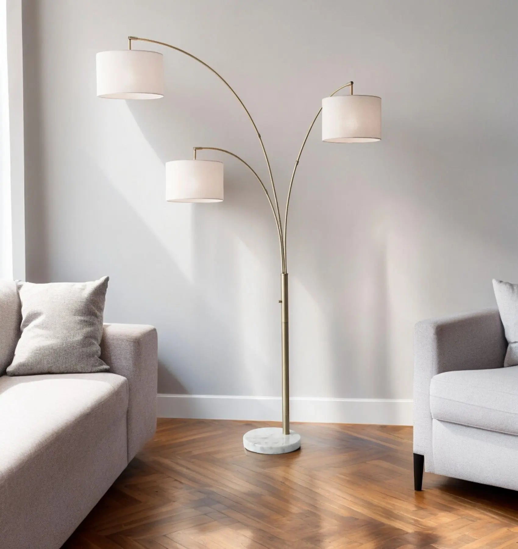 74" Brass Three Light Arc Floor Lamp With Off White Fabric Drum Shade Homeroots Lighting