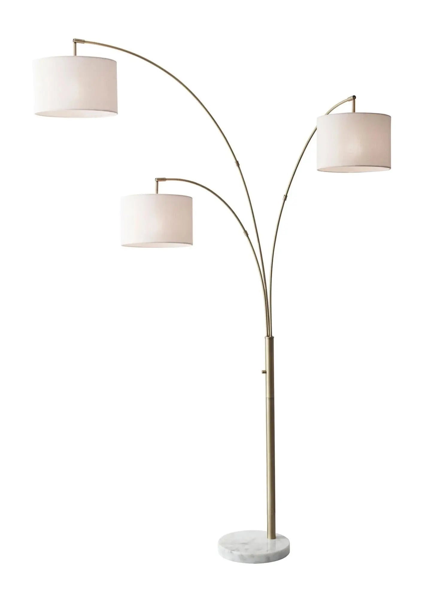 74" Brass Three Light Arc Floor Lamp With Off White Fabric Drum Shade Homeroots Lighting