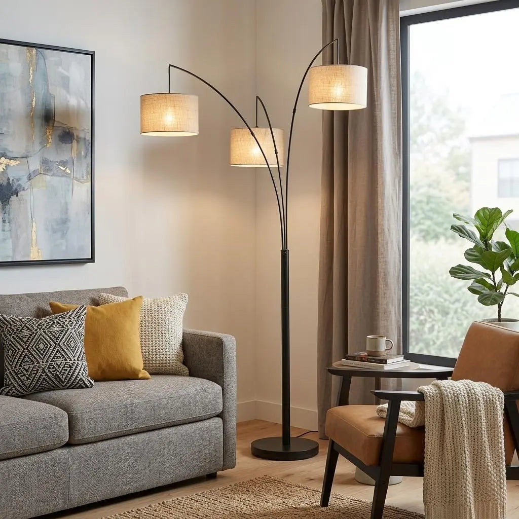 74" Bronze Three Light Tree Floor Lamp With Beige Burlap Drum Shade Homeroots Lighting