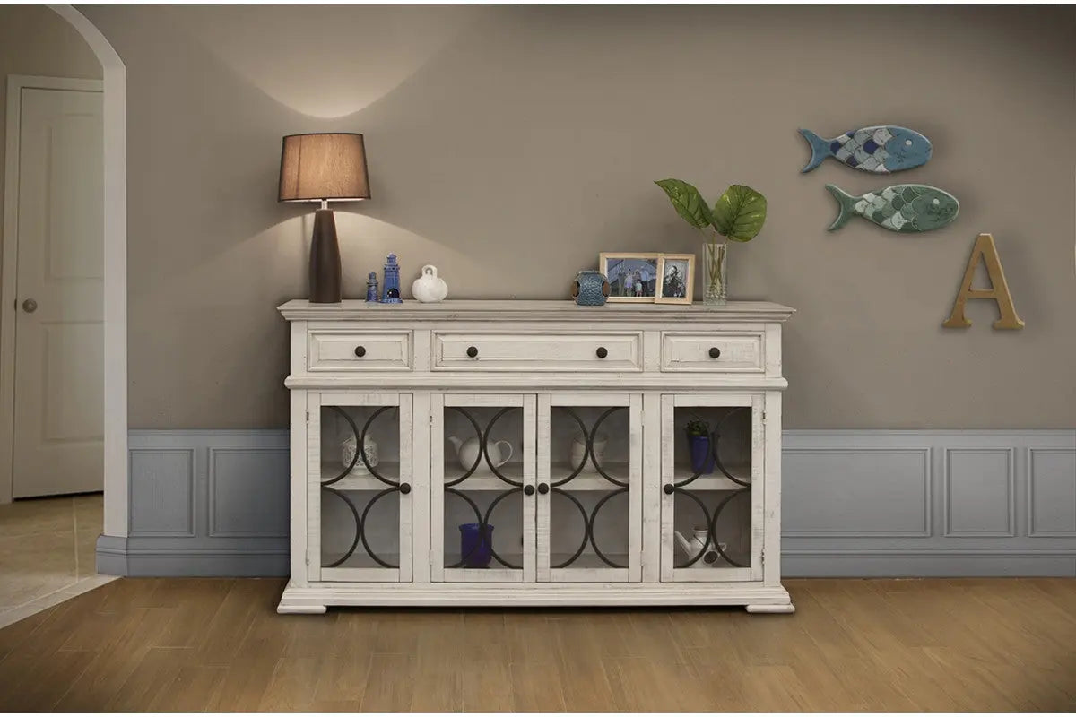 74" Ivory Solid and Manufactured Wood Distressed Credenza Homeroots Kitchen & Dining