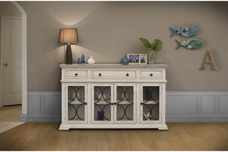 74" Ivory Solid and Manufactured Wood Distressed Credenza Homeroots Kitchen & Dining