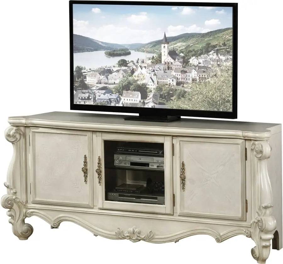 74" Off White Carved Scrollwork Glass And Solid and Manufactured Wood Enclosed and Open Storage Entertainment Center Homeroots Living Room