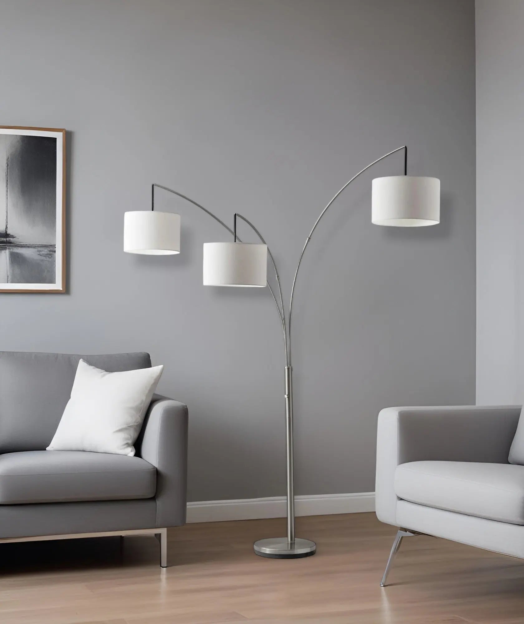 74" Silver Three Light Tree Floor Lamp With White Linen Drum Shade Homeroots Lighting
