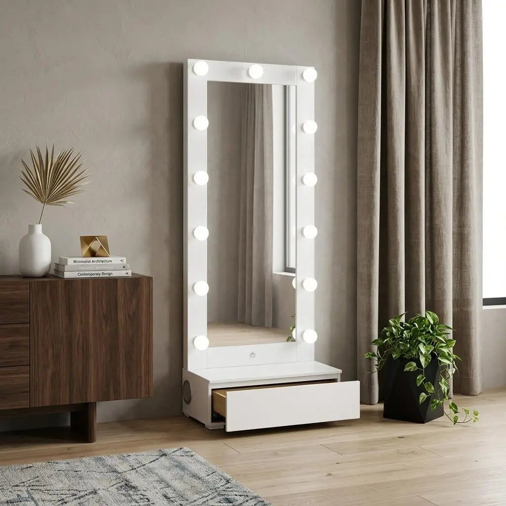 74" White Wood Lighted Freestanding Framed Full Length Mirror Homeroots Bed & Bath
