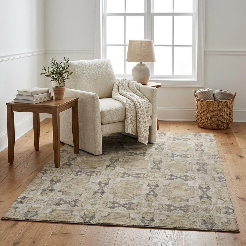 5' X 8' Beige And Gray Geometric Shag Washable Area Rug With UV Protection - Home & Garden