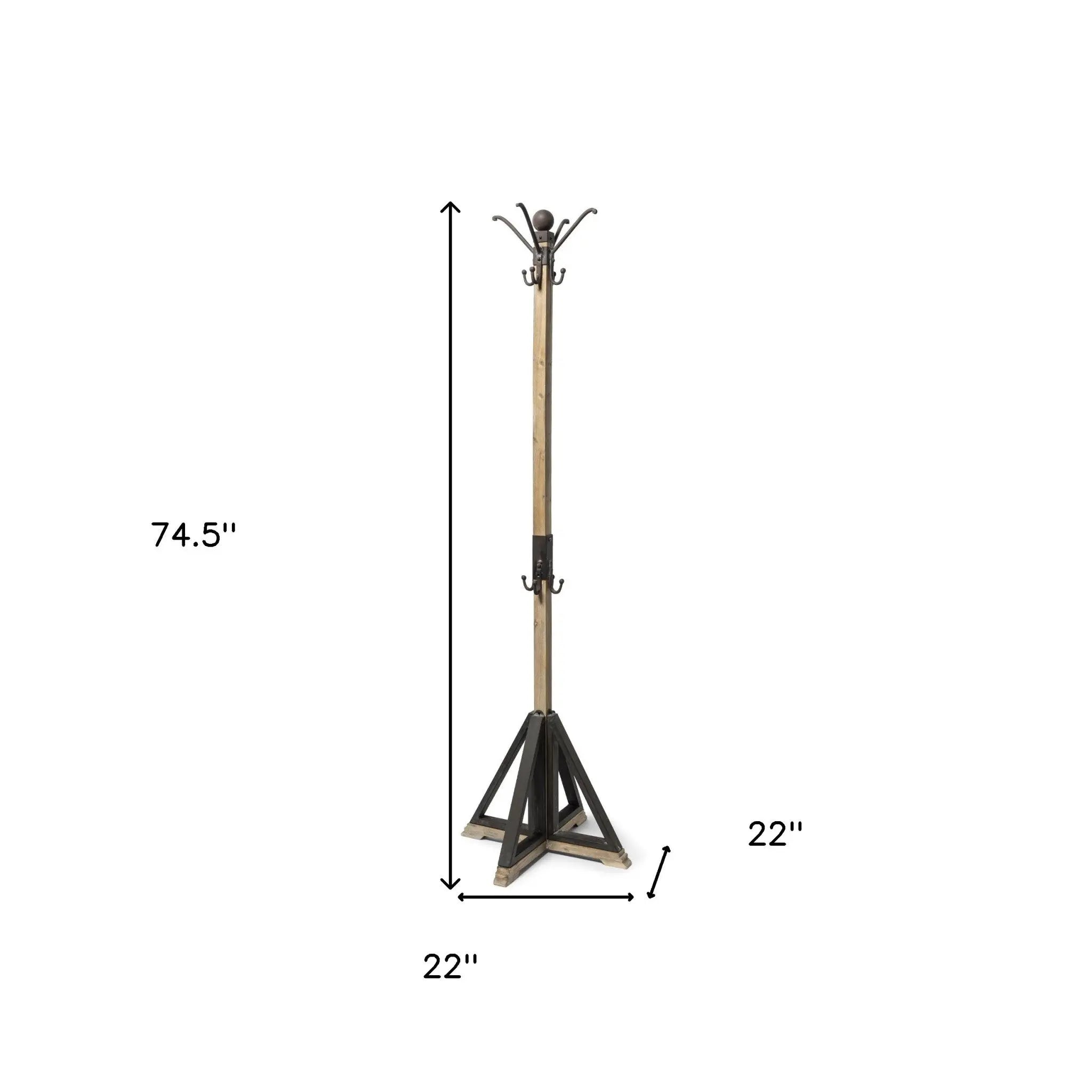 75" Black And Brown Solid Wood And Steel Twelve Hook Freestanding Coat Rack Homeroots Organization
