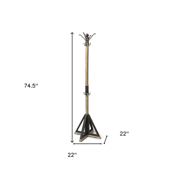 75" Black And Brown Solid Wood And Steel Twelve Hook Freestanding Coat Rack Homeroots Organization