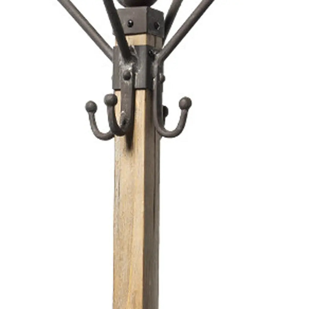 75" Black And Brown Solid Wood And Steel Twelve Hook Freestanding Coat Rack Homeroots Organization
