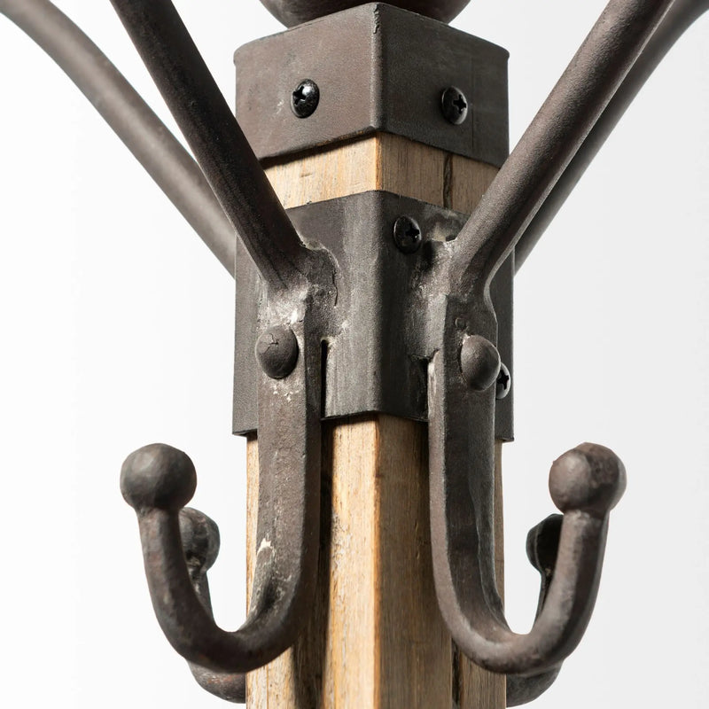 75" Black And Brown Solid Wood And Steel Twelve Hook Freestanding Coat Rack Homeroots Organization