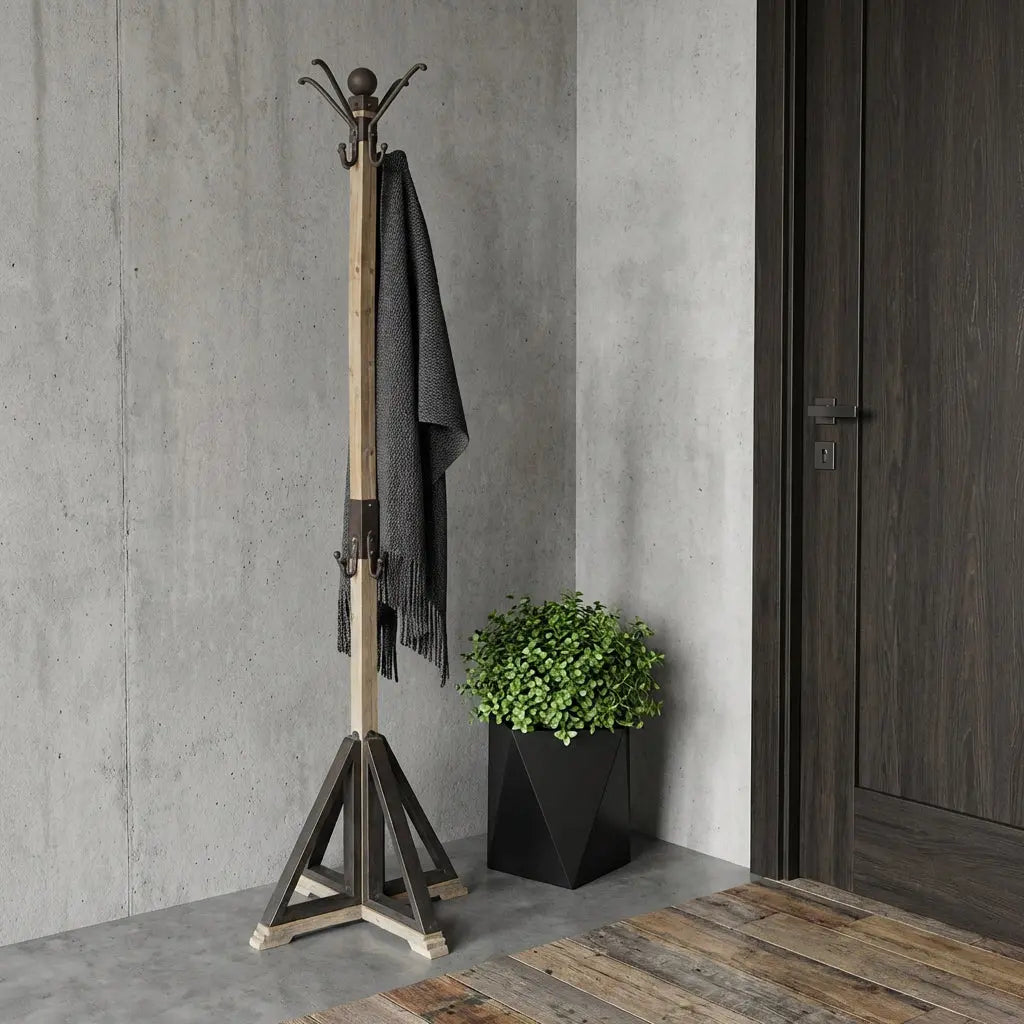 75" Black And Brown Solid Wood And Steel Twelve Hook Freestanding Coat Rack Homeroots Organization