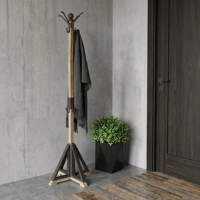 75" Black And Brown Solid Wood And Steel Twelve Hook Freestanding Coat Rack Homeroots Organization