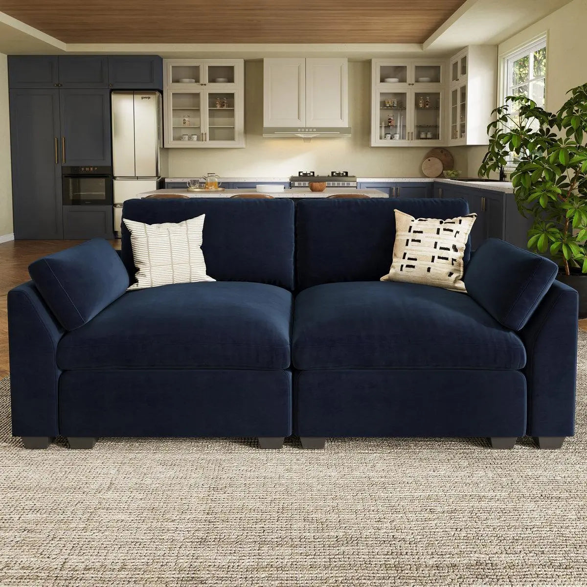 75" Blue and Black Velvet Modular Loveseat Homeroots Living Room