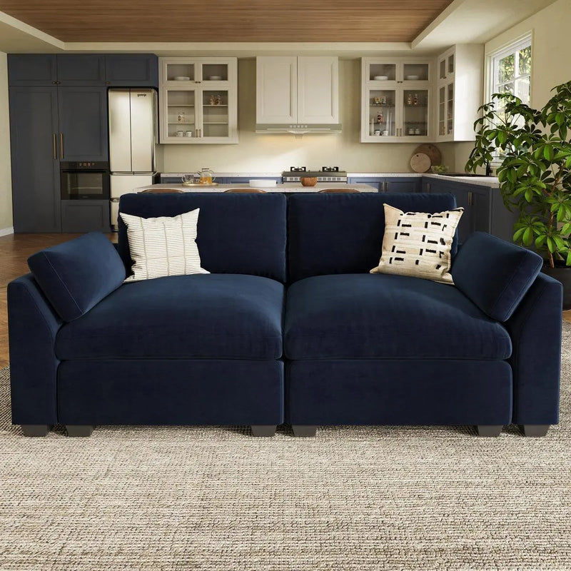 75" Blue and Black Velvet Modular Loveseat Homeroots Living Room