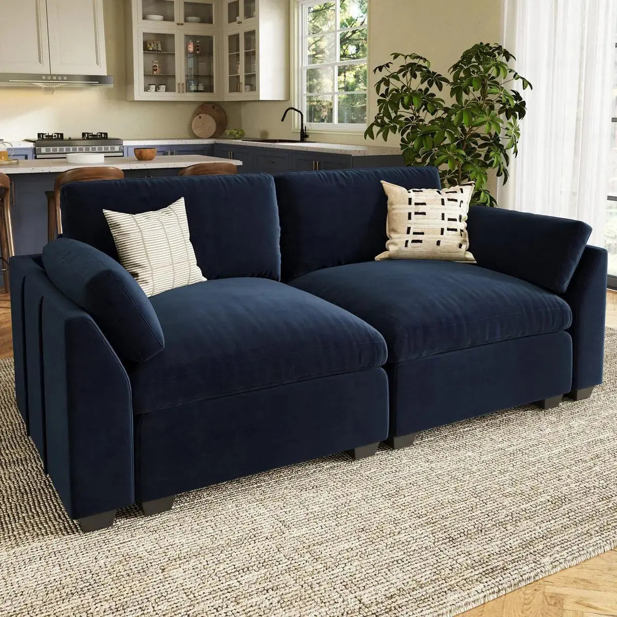 75" Blue and Black Velvet Modular Loveseat Homeroots Living Room