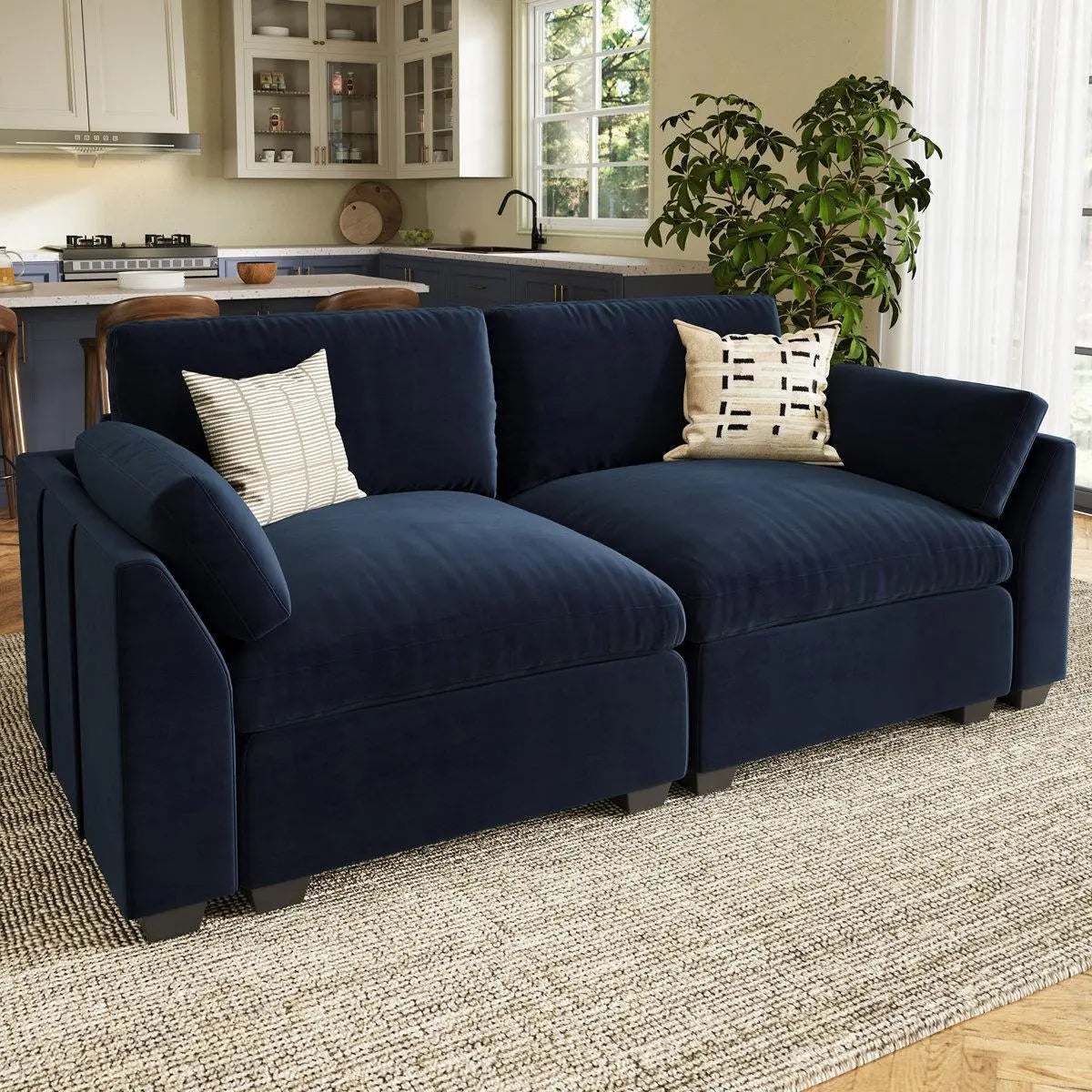 75" Blue and Black Velvet Modular Loveseat Homeroots Living Room