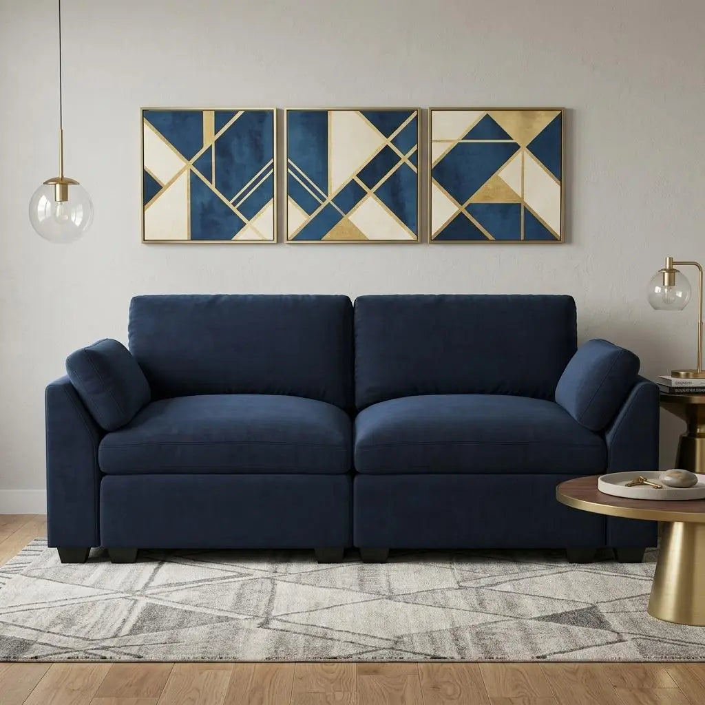 75" Blue and Black Velvet Modular Loveseat Homeroots Living Room