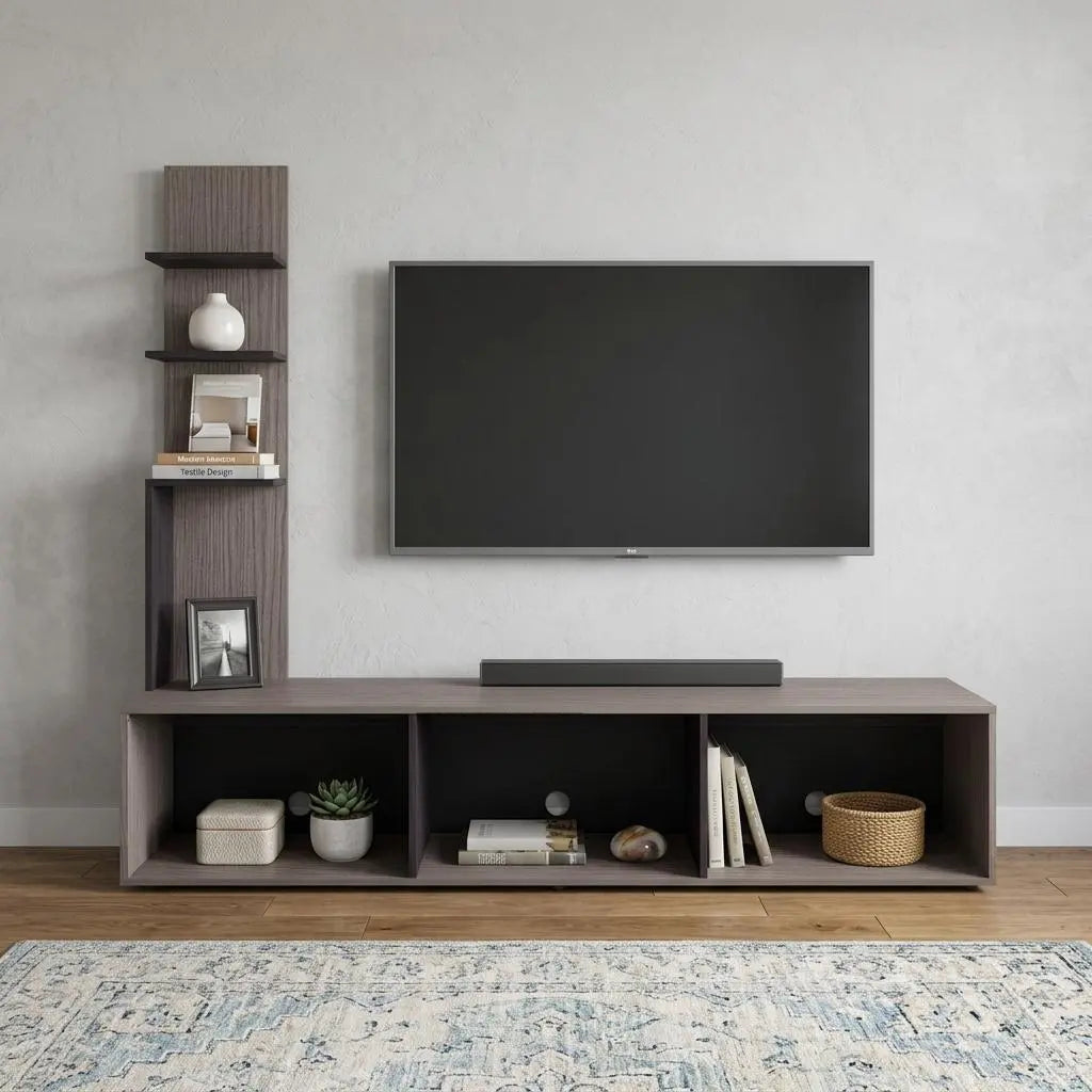 75" Oak Wood Open Shelving Entertainment Center with Bookcase Homeroots Living Room