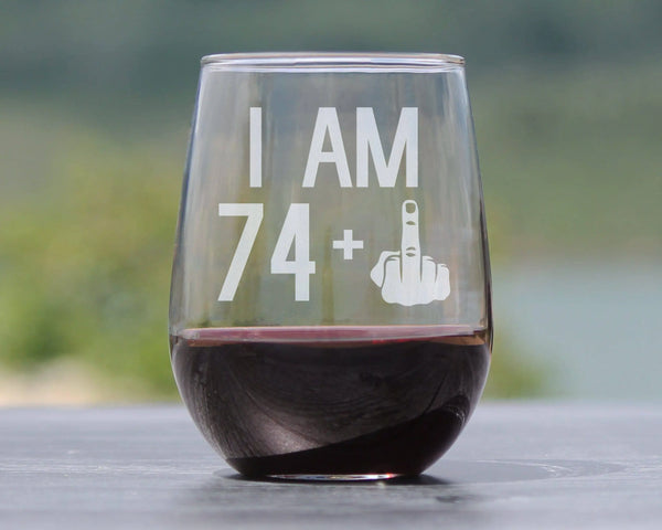 75th Birthday Gifts - 74 Middle Finger Stemless Wine Glass Bevvee