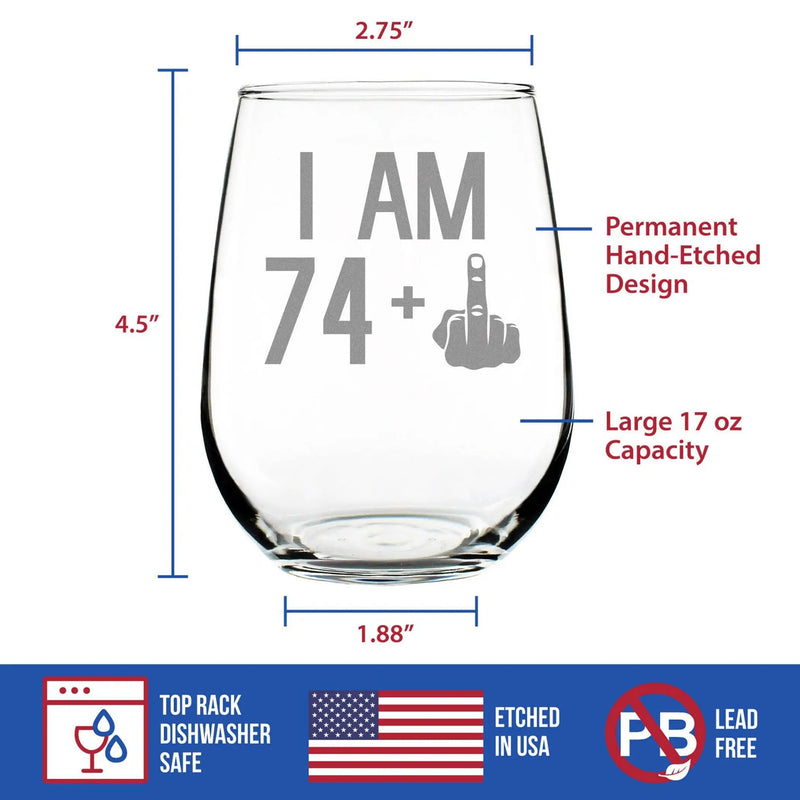 75th Birthday Gifts - 74 Middle Finger Stemless Wine Glass Bevvee