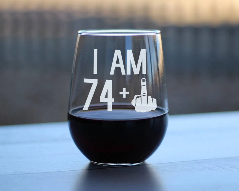 75th Birthday Gifts - 74 Middle Finger Stemless Wine Glass Bevvee