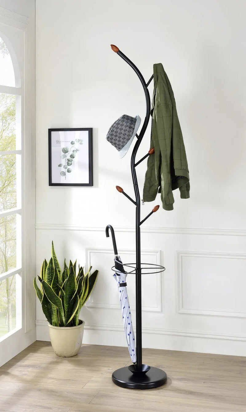 76-Inch-Long Billie Black Tree Coat Rack Walnut Hooks w Umbrella Stand Homeroots Organization