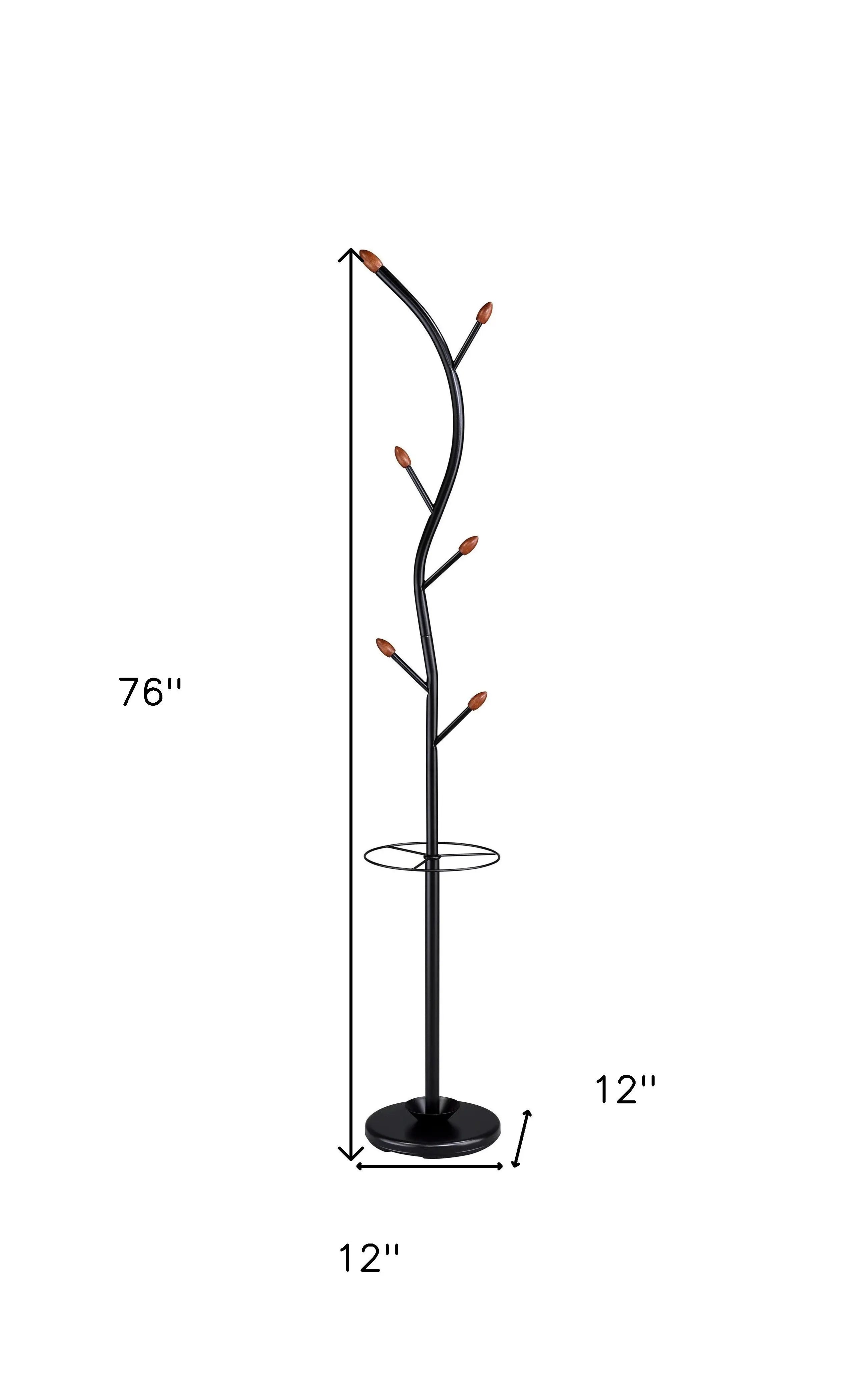 76-Inch-Long Billie Black Tree Coat Rack Walnut Hooks w Umbrella Stand Homeroots Organization