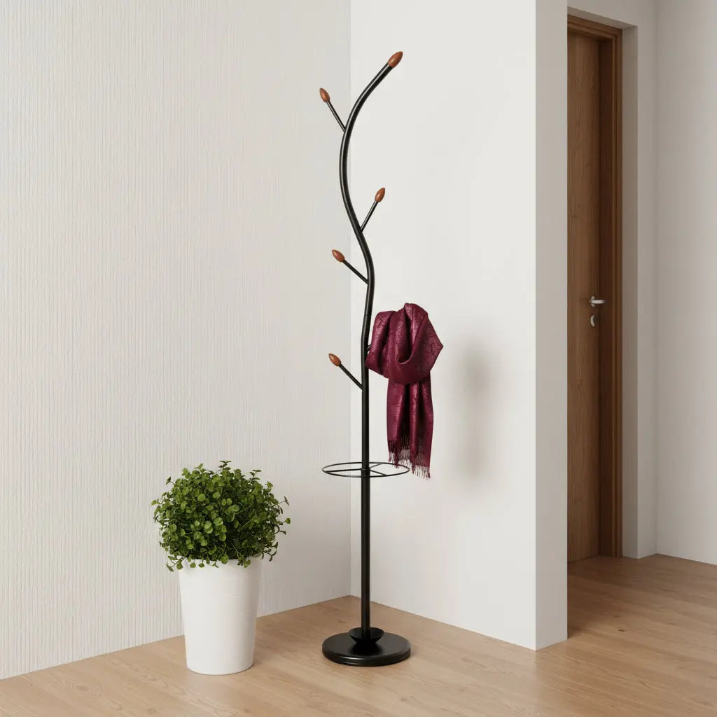 76-Inch-Long Billie Black Tree Coat Rack Walnut Hooks w Umbrella Stand Homeroots Organization