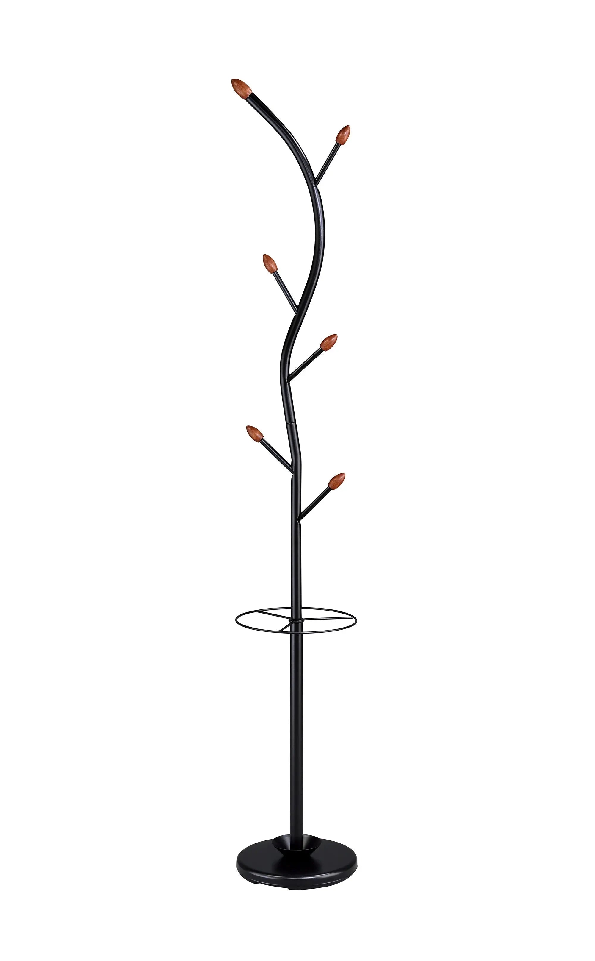 76-Inch-Long Billie Black Tree Coat Rack Walnut Hooks w Umbrella Stand Homeroots Organization