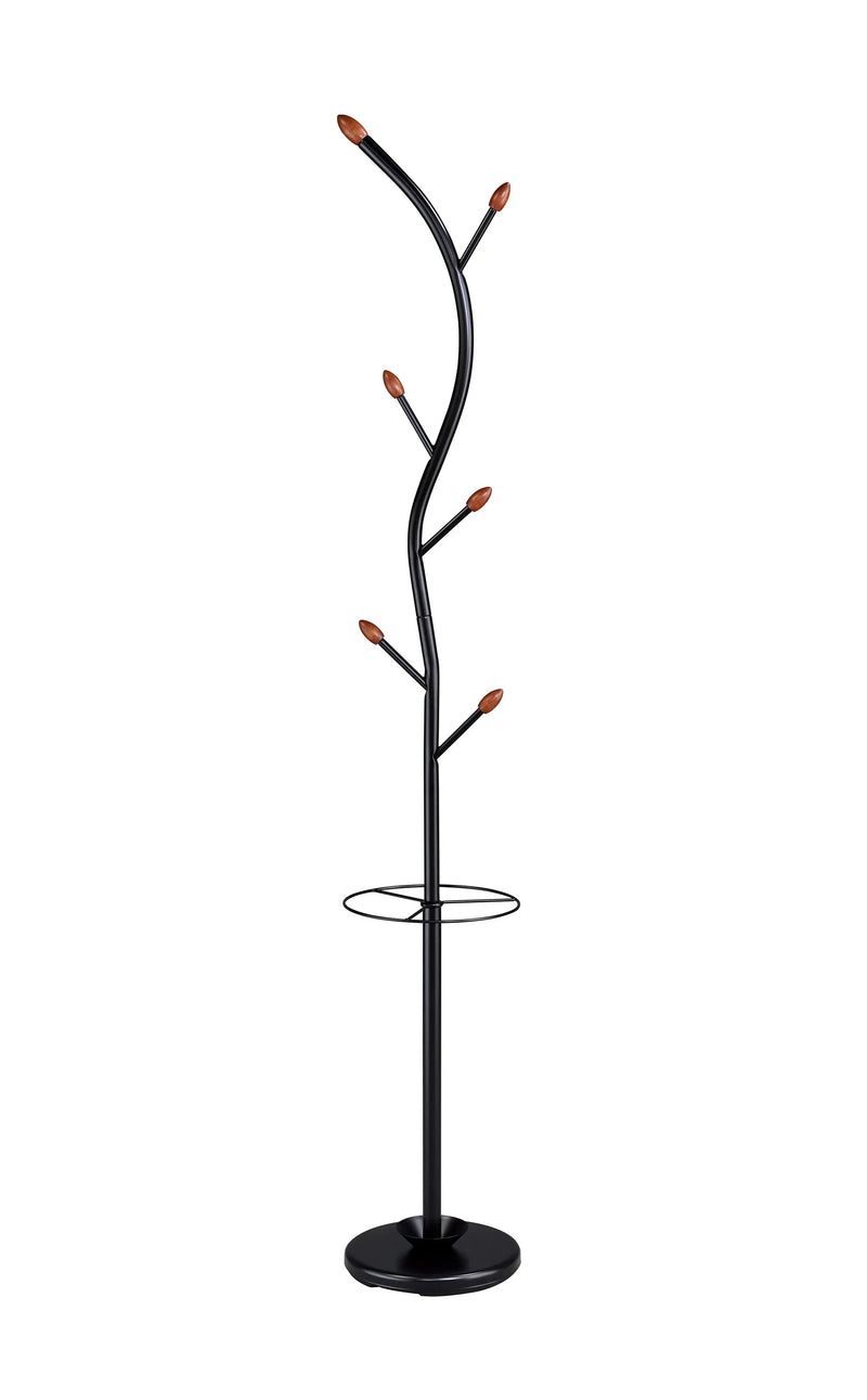 76-Inch-Long Billie Black Tree Coat Rack Walnut Hooks w Umbrella Stand Homeroots Organization