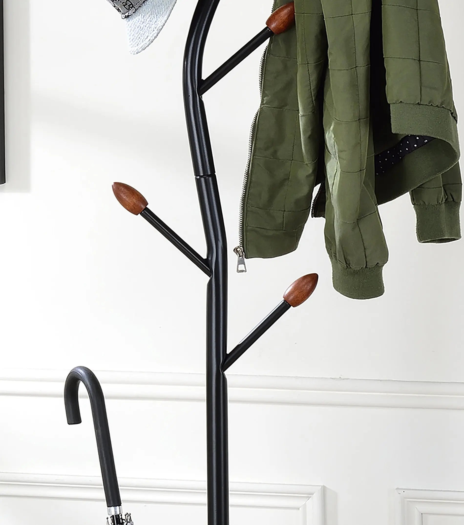 76-Inch-Long Billie Black Tree Coat Rack Walnut Hooks w Umbrella Stand Homeroots Organization