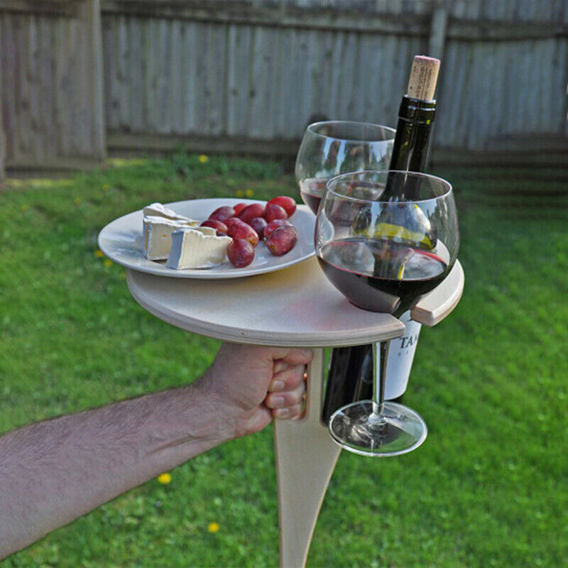 Outdoor Wine Table Portable Picnic Table Wine Glass Racks Foldable Round Desktop Wooden Picnic Table Garden Collapsible Table