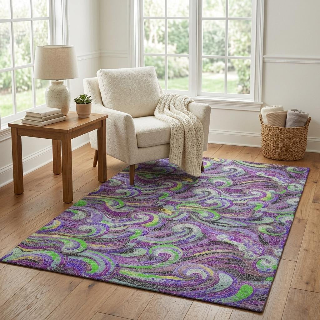 5' X 8' Purple And Violet Abstract Shag Washable Area Rug With UV Protection - Home & Garden