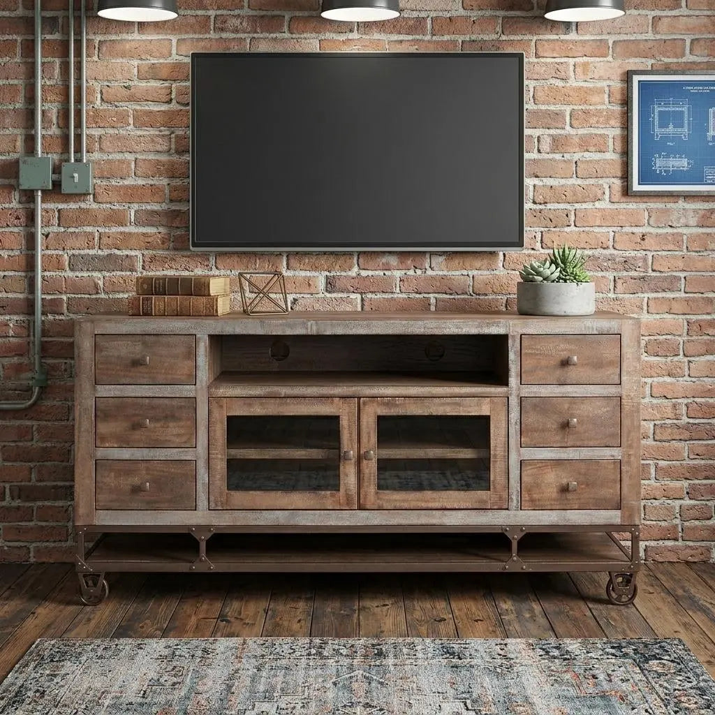 76" Brown Solid Wood Cabinet Enclosed Storage Distressed TV Stand Homeroots Living Room
