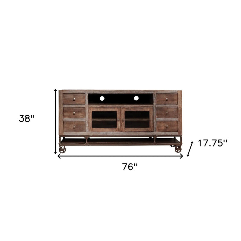 76" Brown Solid Wood Cabinet Enclosed Storage Distressed TV Stand Homeroots Living Room