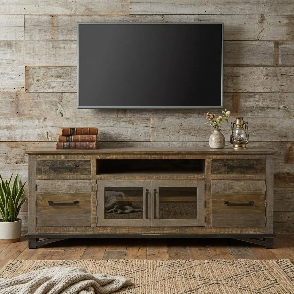 76" Brown Solid Wood Cabinet Enclosed Storage Distressed TV Stand Homeroots Living Room