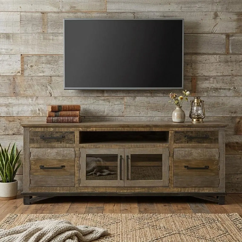 76" Brown Solid Wood Cabinet Enclosed Storage Distressed TV Stand Homeroots Living Room