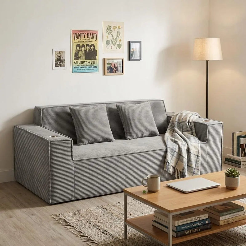 76" Gray Corduroy Ribbed Sofa With Toss Pillows Homeroots Living Room