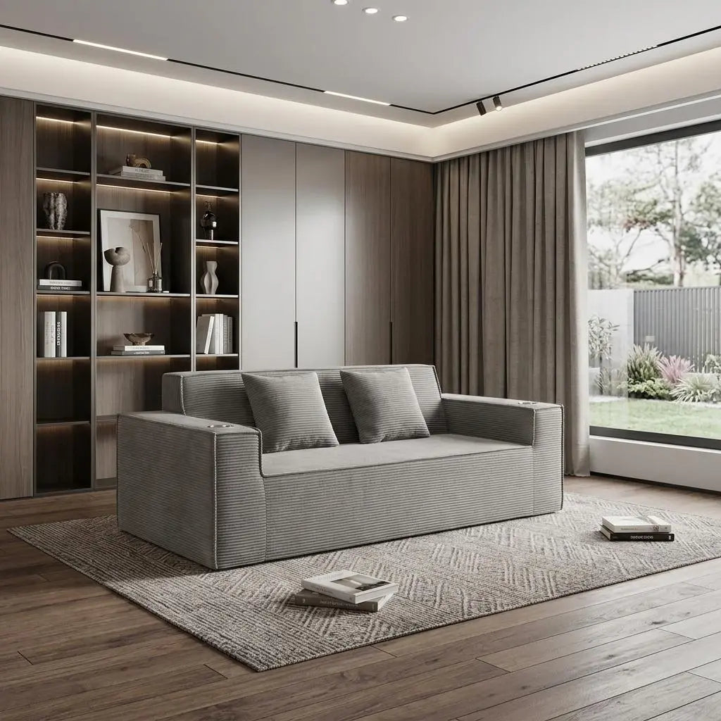 76" Gray Corduroy Ribbed Sofa With Toss Pillows Homeroots Living Room