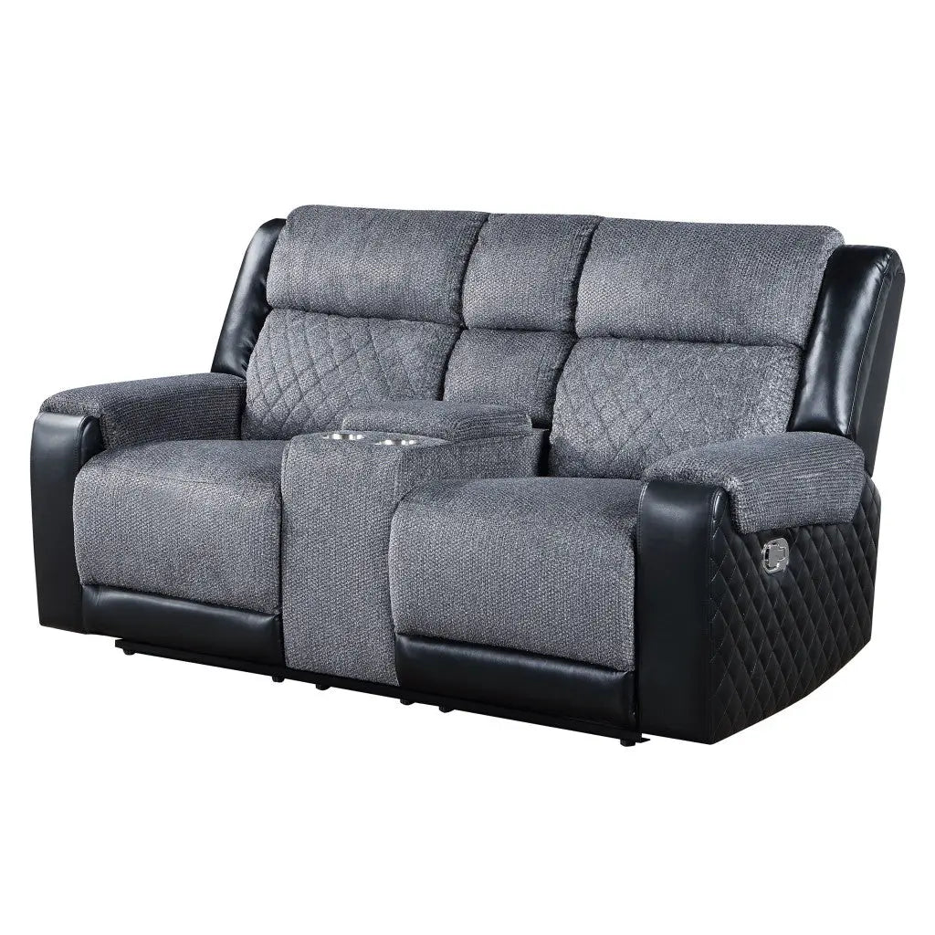 76" Gray and Black Faux Leather and Microfiber Manual Reclining Loveseat With Storage Homeroots Living Room